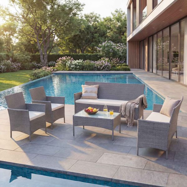 3-2-1-1 Poly-Rattan Garten-Garnitur Halden, Lounge-Set Sitzgruppe Sofa ~ grau, Kissen creme