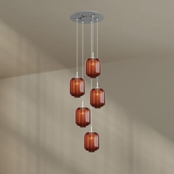 s.luce Velo Galerie-Hängelampe 5-flammig Ø 60cm Baldachin Ø 25cm Braun, Weiß