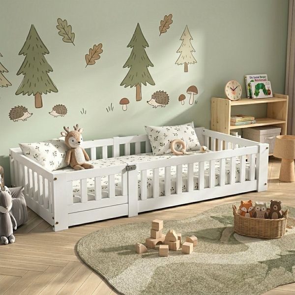Simurq Einzelbett Kinderbett Einzelbett Bodenbett Montessori-Bett (Inklusive Lattenrost, Keine Matratze), Sicherheitsgitter, Kiefernholz, Weiß, 80x160 cm