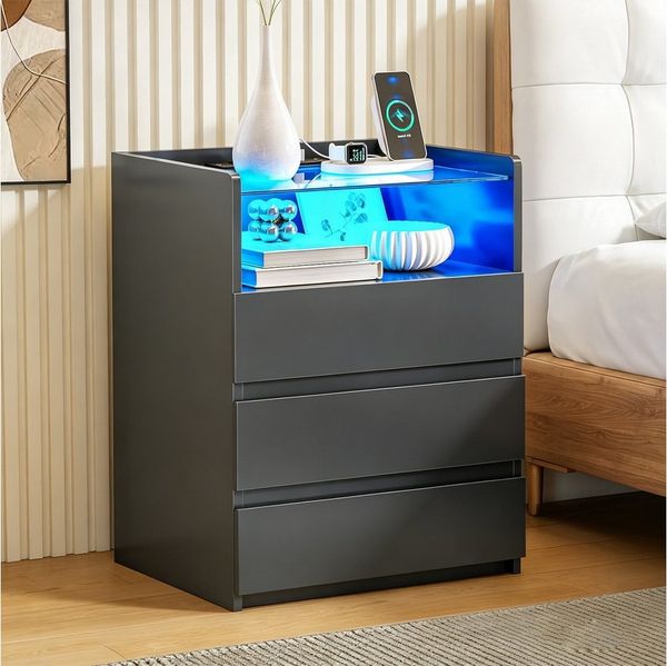 MSMASK Nachttisch mit LED-Beleuchtung und Steckdosen, 3 Schubladen, 45x35x61cm (1-St), Nachtschrank mit Sichtbarer Glastischplatte