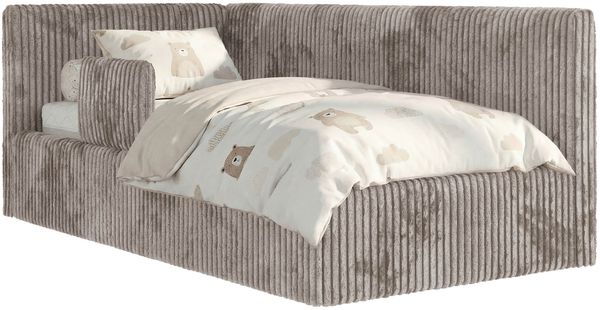Kinderbett, Polsterbett 90x200 TILVO ALTA mit Rausfallschutz & Bettkasten, Gasdruckfeder-Lift, inkl. Lattenrost, Matratze wählbar - Hellbraun Cord - Links Seite Bild 6