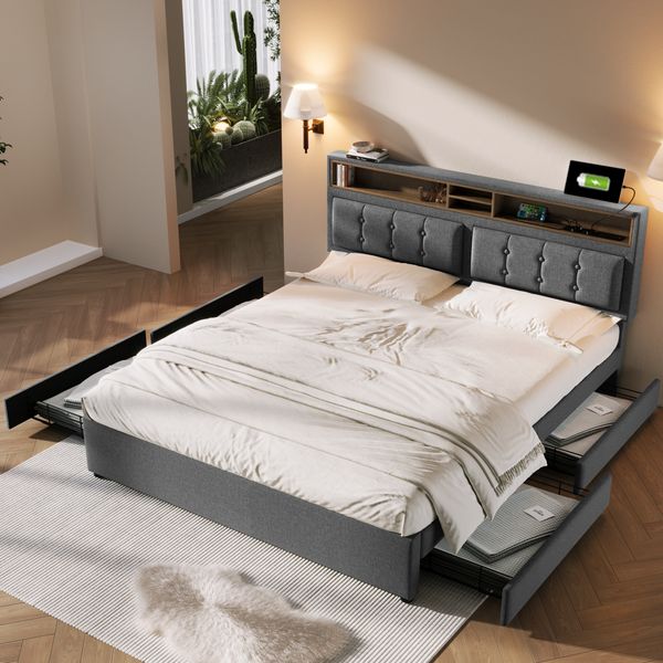 Polsterbett 160×200 cm mit verstellbarem Kopfteil,USB & Steckdosen,4 Schubladen,Leinenstoff grau