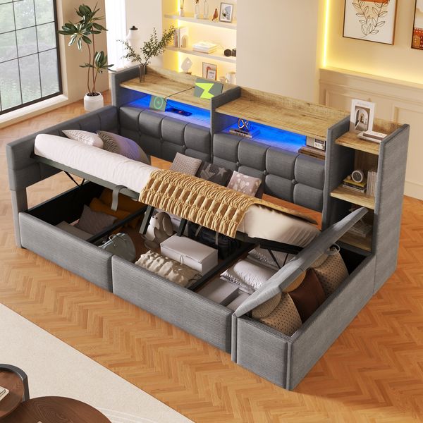 Merax Polsterbett 90 × 200 cm, Tagesbett, Daybett, Schlafsofa, mit hydraulischer Lagerung, USB- und Typ-C-Anschlüssen, Ablagefach, Stauraumbank am Fußende, LED-Lichtleiste, Samt, Dunkelgrau