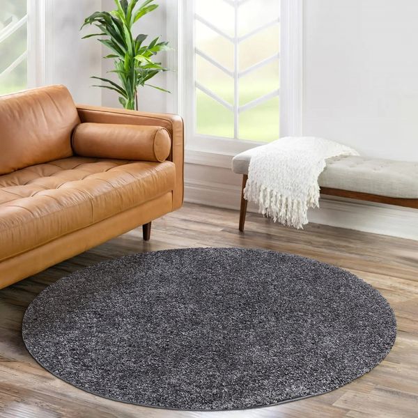 Teppich Rund Hochflor Shaggy - 120x120cm - Anthrazit Einfarbig Uni Flauschig Modern Boho Wohnzimmer Schlafzimmer Deko Teppiche Weich Schlafzimmer