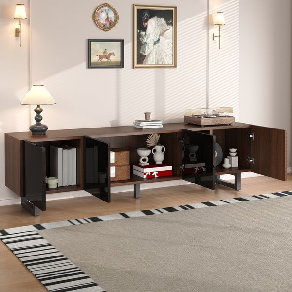 TV-Schrank 180x38x50 cm, Hochglanzfront in Schwarz und Natur, grifflos, mit großem Stauraum