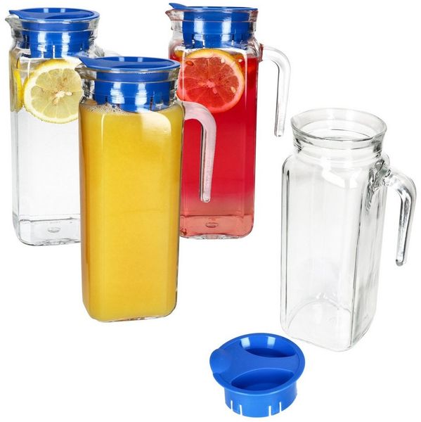 MamboCat Karaffe 4x KARO Kühlschrankkrug mit Deckel blau 1L Henkel Glas-Karaffe Kanne