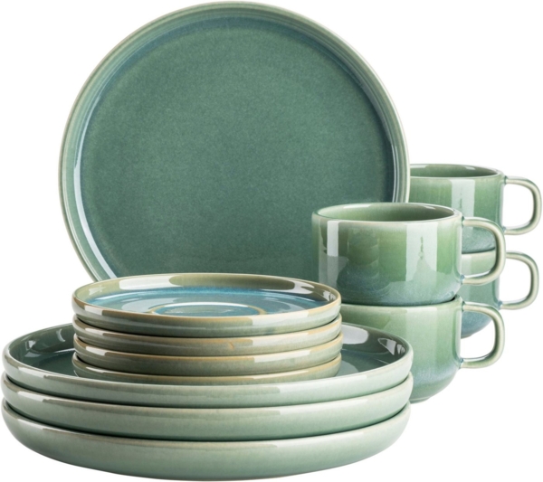Modernes Kaffeegeschirr Set mit unregelmäßiger Effektglasur für 4 Personen, mit Dessertteller, Kaffeetassen und Untertassen, 12-teiliges Kaffeeservice; Grün