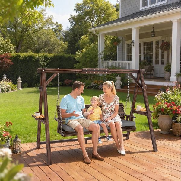 Outsunny Hollywoodschaukel mit Sitzauflage Ablagen, 3-Sitzer, verstellbare Sitzhöhe, Schaukelfunktion, Ablage, Gartenschaukel, 1 tlg, Holzschaukel, 243 x 134 x 170cm, Verkohlt