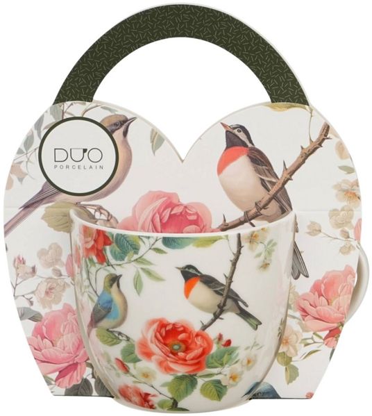 Duo-Gift Tasse DUO Porcelain – Tasse April im Geschenkkörbchen (460 ml) Vögel