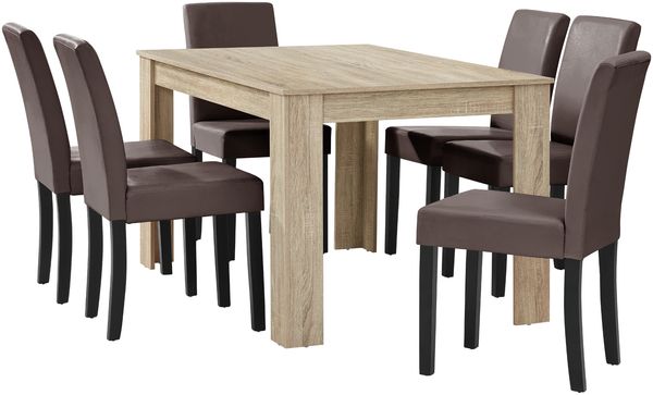 Esstisch gekälkte Eiche mit 6 Stühlen braun 140x90