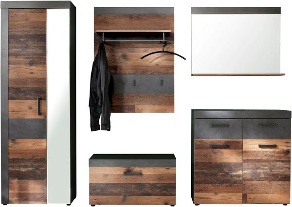 Garderobenset Indy 5-teilig Used Wood und Matera grau 265 cm
