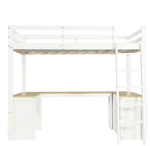 Merax Hochbett, 140x200cm Kinderbett, Jugendbett U-förmiger Langtisch, Mit zwei Schubladen und Aufbewahrungsregal, Stabile Lattenroste, Weiß+Natur Bild 9