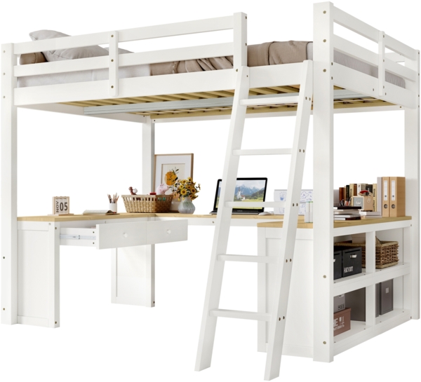 Merax Hochbett, 140x200cm Kinderbett, Jugendbett U-förmiger Langtisch, Mit zwei Schubladen und Aufbewahrungsregal, Stabile Lattenroste, Weiß+Natur Bild 10