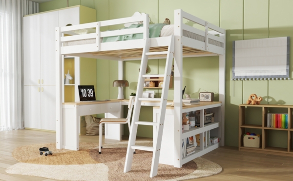 Merax Hochbett, 140x200cm Kinderbett, Jugendbett U-förmiger Langtisch, Mit zwei Schubladen und Aufbewahrungsregal, Stabile Lattenroste, Weiß+Natur Bild 7