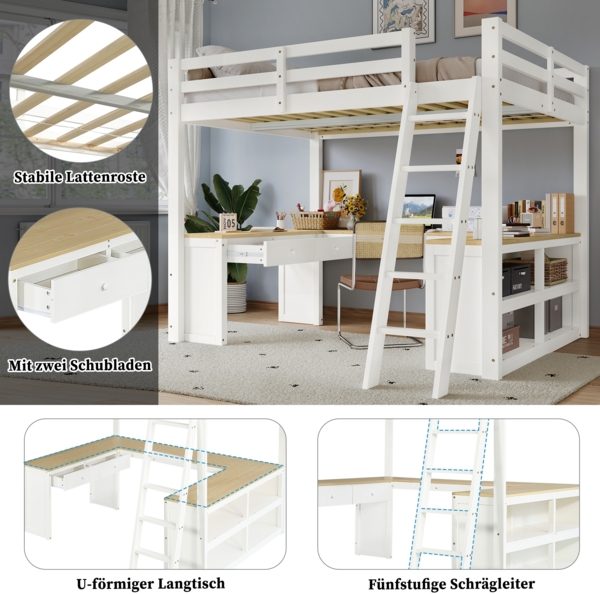 Merax Hochbett, 140x200cm Kinderbett, Jugendbett U-förmiger Langtisch, Mit zwei Schubladen und Aufbewahrungsregal, Stabile Lattenroste, Weiß+Natur Bild 5