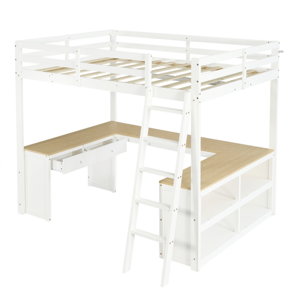 Merax Hochbett, 140x200cm Kinderbett, Jugendbett U-förmiger Langtisch, Mit zwei Schubladen und Aufbewahrungsregal, Stabile Lattenroste, Weiß+Natur Bild 8