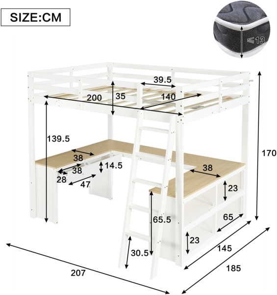 Merax Hochbett, 140x200cm Kinderbett, Jugendbett U-förmiger Langtisch, Mit zwei Schubladen und Aufbewahrungsregal, Stabile Lattenroste, Weiß+Natur Bild 4