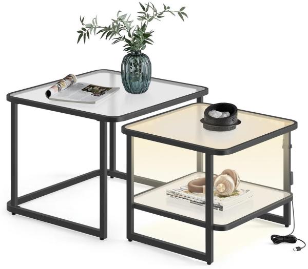 VASAGLE Couchtisch, 2er-Set mit LED-Beleuchtung, quadratischer Beistelltisch