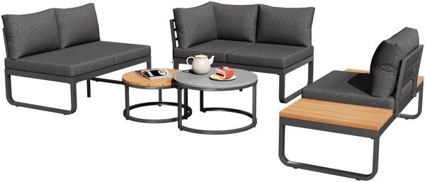 Gartenmöbel-Set für 4-5 Personen, verzinkter Eisenrahmen, 2 stapelbare Couchtische mit verstellbaren Füßen, graue abnehmbare Sitzpolster & Rückenkissen, 2x2-Sitzer + 1 Einzelsitzer mit integrierten Seitentischen für Terrasse Garten Balkon