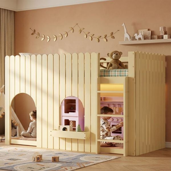 Hochbett mit Zäune, Etagenbett, Kinderbett, mehrfarbige LED-Lichtleisten, dreistufige gerade Leiter, gewölbten Fenstern, kleines Ablagefach, Kiefer+MDF, Natur, 90x200 cm