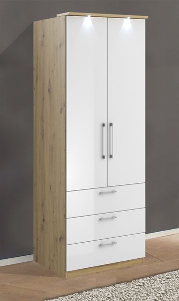 Kleiderschrank ""Optima"" Drehtürenschrank 80cm artisan Eiche weiß Hg 2trg inkl. LED