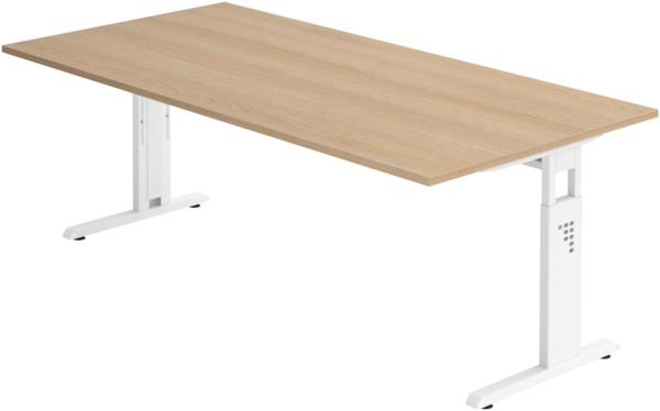 bümö höhenverstellbarer Schreibtisch O-Serie 200x100 cm in Eiche, Gestell in weiß - großer PC Tisch für's Büro manuell höhenverstellbar, Computertisch verstellbar, OS-2E-E-W