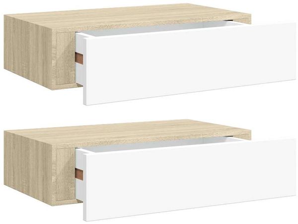 2 Stk. Wandregale, Hängeregale mit Schubladen Eichen-Optik Weiß 40x23,5x10cm de6801