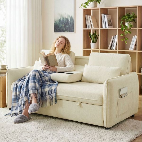 HOMCOM Schlafsofa, Ausziehbar Schlafcouch 1 Teile, für Wohnzimmer, kleinen Raum, Beige