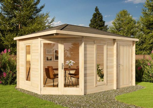 Alpholz 5-Eck Gartenhaus Liwa Compact mit Anbau Gartenhaus aus Holz Holzhaus mit 28 mm Wandstärke Blockbohlenhaus mit Montagematerial