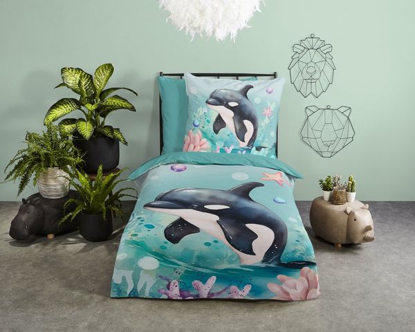 PURE luxury collection Kinderbettwäsche Splash, Microfaser, 2 teilig, Mikrofaser, 135x200, 2 Teilig, Wendeoptik, Kind, Schwertwal, Orka