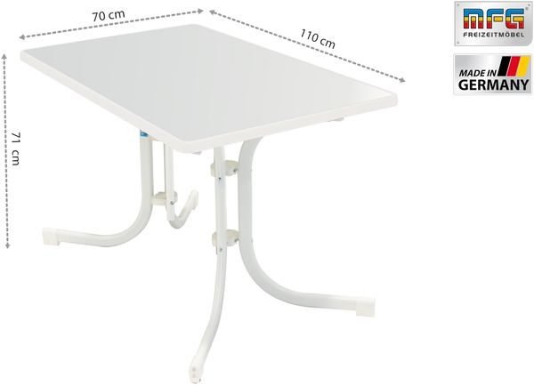 MFG Boulevardklapptisch 110x70 cm klappbar, wetterfeste Melamin-Platte, Gestell: weiß, Tischplatte: weiß