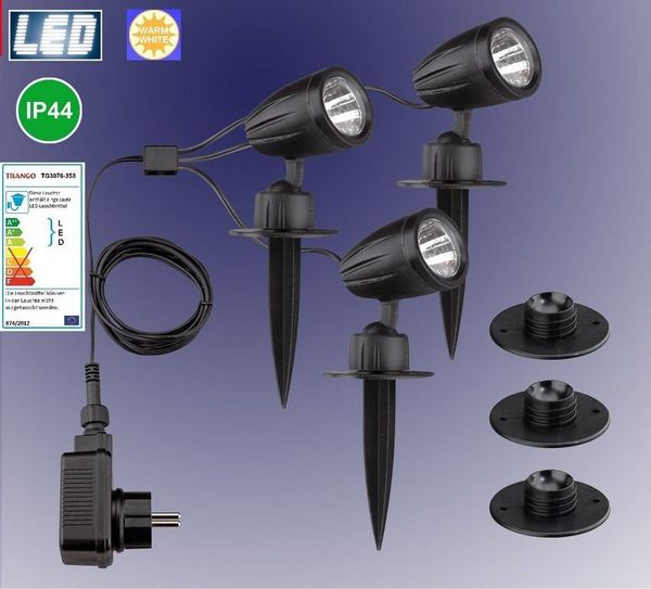 TRANGO LED Gartenstrahler, 3-flammig 3076-353 IP44 LED Gartenlampe *JOE* Außenleuchte, Strahler inkl. 3x LED Modul Leuchtmittel 3000K warmweiß & Zuleitungskabel, Teichlampe, Gartenleuchte, Wegbeleuchtung, Wandleuchte