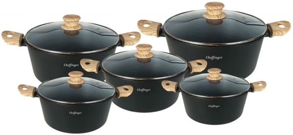 Kochtopf Kasserolle Topf Set 10-tlg Glasdeckel Induktion Cheffinger Schwarz CS01