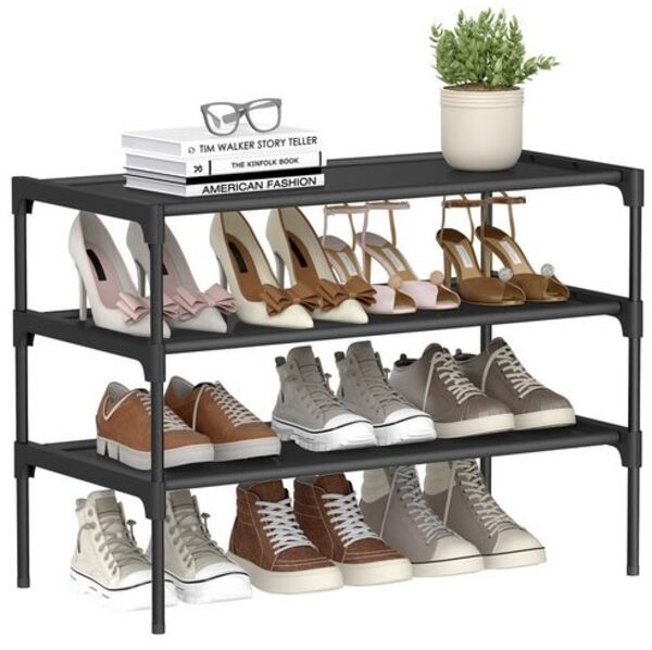 SONGMICS Schuhregal 3 Ebenen, Schuhablage, Schuhaufbewahrung, Eingangsbereich, Flur, platzsparend, 29,7 x 62,3 x 53,5 cm, Metallrahmen, Vliesstoff-Ablage, tintenschwarz