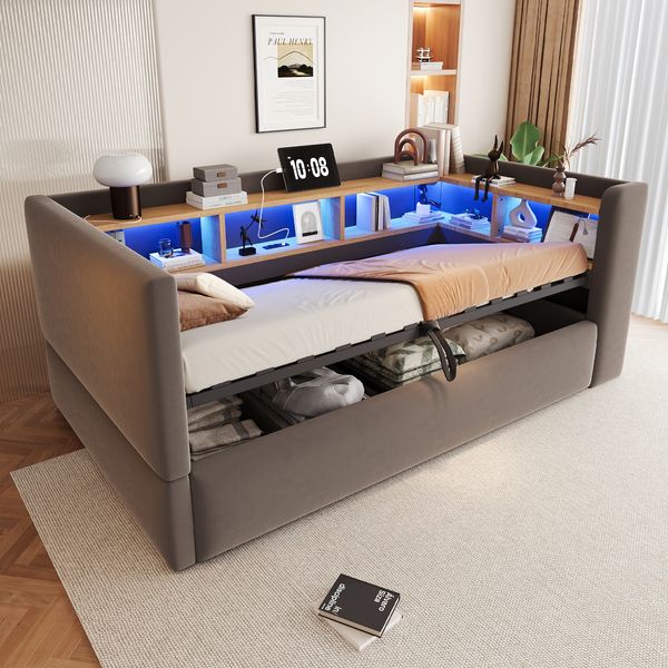 Merax Polsterbett, Einzelbett, 90*190cm Hydraulisches Schlafsofa, Ausgestattet mit LED Leuchten, Steckdosen und vielen Ablagefächern, Dunkelgrau