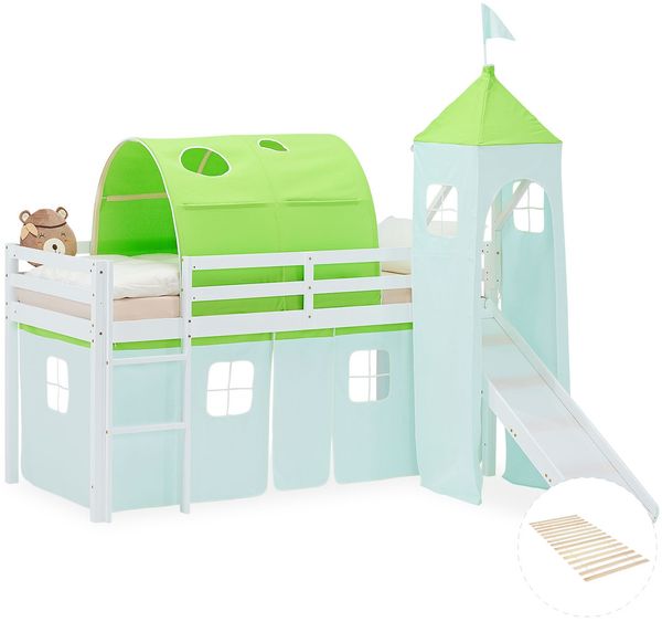 Hochbett Kinder 90x200 cm mit Lattenrost Rutsche Kinderbett Stockbett Vorhang Tunnel Turm Grün