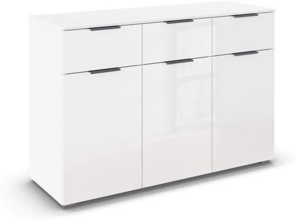 Rauch Möbel Alabama, Kommode für Schlafzimmer, Kinderzimmer, Garderobe, Flur, 3-türig, mit 3 Schubladen, Soft-Close-Funktion, Farbe Hochglanz Weiß, Griff Grau metallic, Schwarz, Maße 120 x 81 x 42 cm