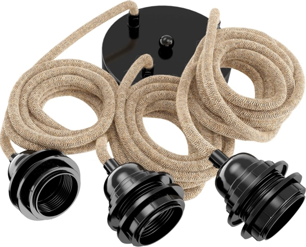 HOOPZI - Pendelleuchte - Hang 3 Flammig - 2,5m Textilkabel Seil - 3 X E27 Fassung - Vintage Retro Ficelle natur