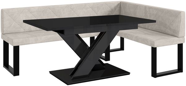 MEBLINI Eckbank für Esszimmer mit ausziehbarem Tisch - Küchenbank - Essecke - Sitzecke Küche - ERIC - U-Beine 142x196x87cm Rechts - Beige Samt/B Schwarz Hochgl.