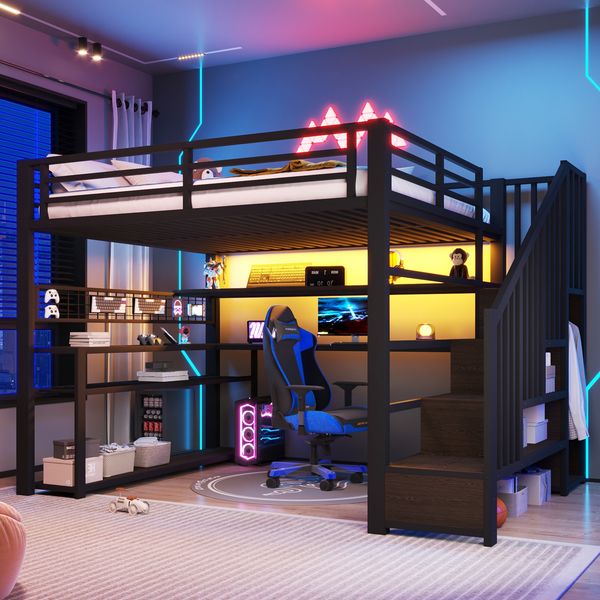 Merax Hochbett, Metallbett 140x200cm mit LED&Aufladen Schreibtisch Stauraumtreppe, Schwarz