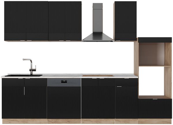 Küchenzeile Fame-Line Schwarz gestreift/Goldkraft Eiche 300 cm mit Hochschrank, ohne Arbeitsplatte Vicco