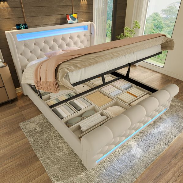 Polsterbett, Samt mit LED, Stauraum & USB-Anschluss, 140x190 cm, Beige, ohne Matratze