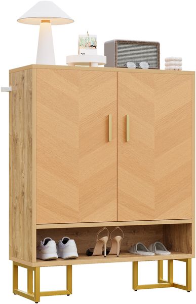 Moderner, minimalistischer Schuhschrank , Einzigartige Holzmaserung ,Goldener Eisenrahmen , Zweitüriger Aufbewahrungsschrank, Schuhschrank schmal, Schuhregal Schuhkipper, Diele Flur