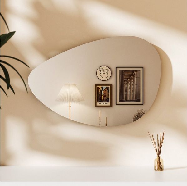 Hopibath Dekospiegel 45-90cm Deko Spiegel Wand Modern Schminkspiegel Kosmetikspiegel (Wandspiegel Asymmetrisch Rahmenlos, Mehr Größen), Wassertropfen, Wolke, Stein, Kieselstein