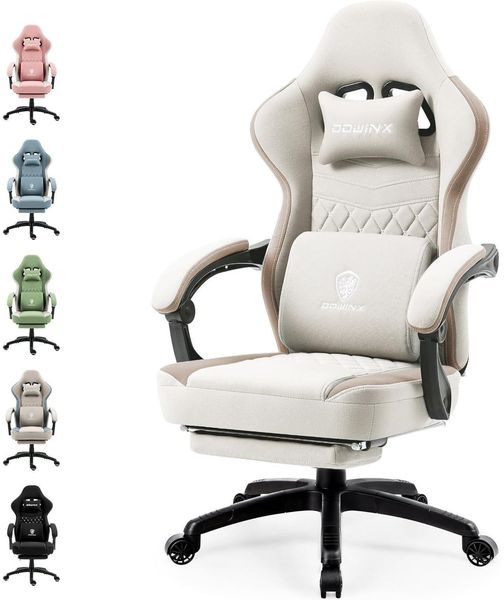 Dowinx Gaming Stuhl Stoff Massage Sessel Fußstütze Beige 150 kg ergonomisch