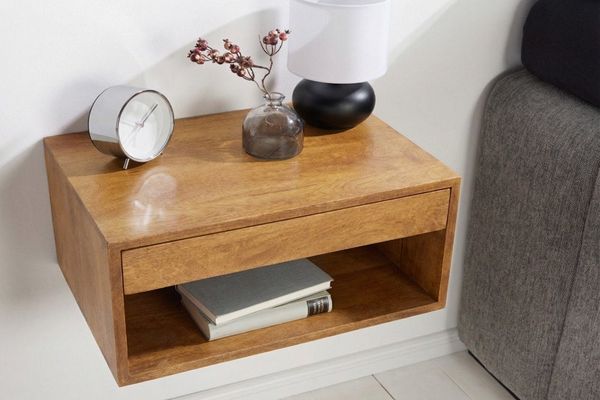 riess-ambiente Nachttisch PURE 50cm braun - Mangoholz, honey finish, Wandregal, Schublade, Fach (Einzelartikel, 1-St), Minimalistische Ablage mit Stauraum – ideal für Schlaf- & Gästezimmer