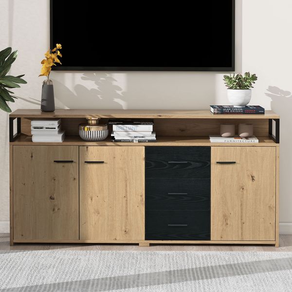 Sideboard 150x35x75,9 cm, 3 Türen & 3 Schubladen, verstellbare Einlegeböden, Schwarz/Holzoptik