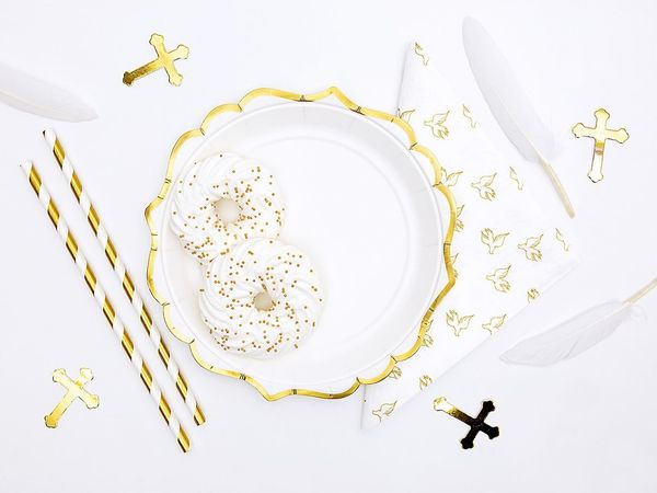 partydeco Pappteller, Pappteller rund mit Ornament Kante 18,5cm weiß gold 6er Set