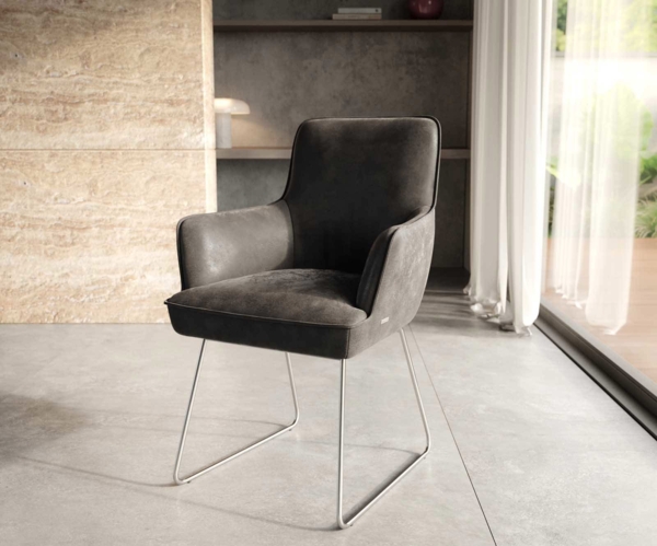 Esszimmerstuhl Heira-Flex mit Armlehnen Mikrofaser Anthrazit Vintage Kufengestell Edelstahl Taschenfederkern