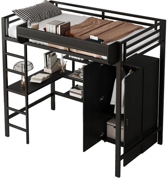 SeedWave Hochbett Mehrzweck-Bett mit Arbeitstisch, Kleiderschrank und Ablagen, 90x200cm Eisenbett mit Anti-Kip-Funktion, Kleiderschrank inkl. 2 Fächer